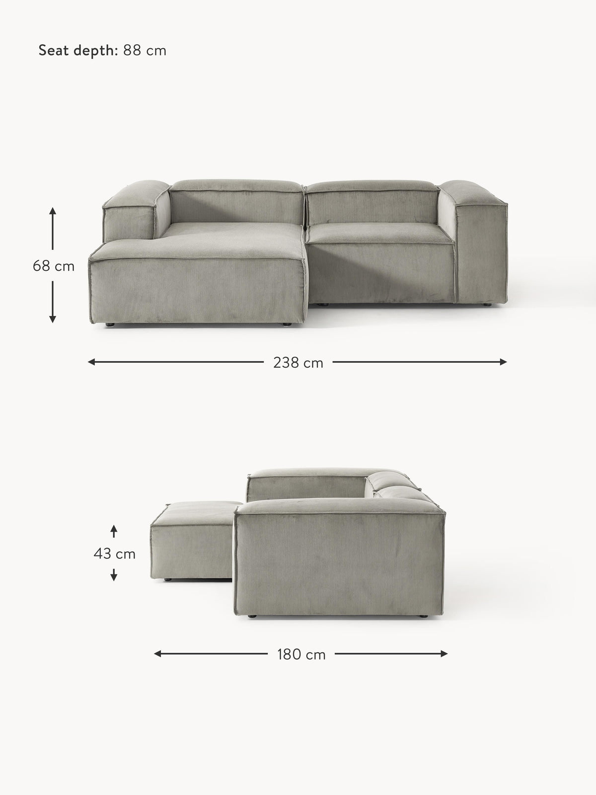 Lennon Corduroy Modular Corner Sofa (3-seater)