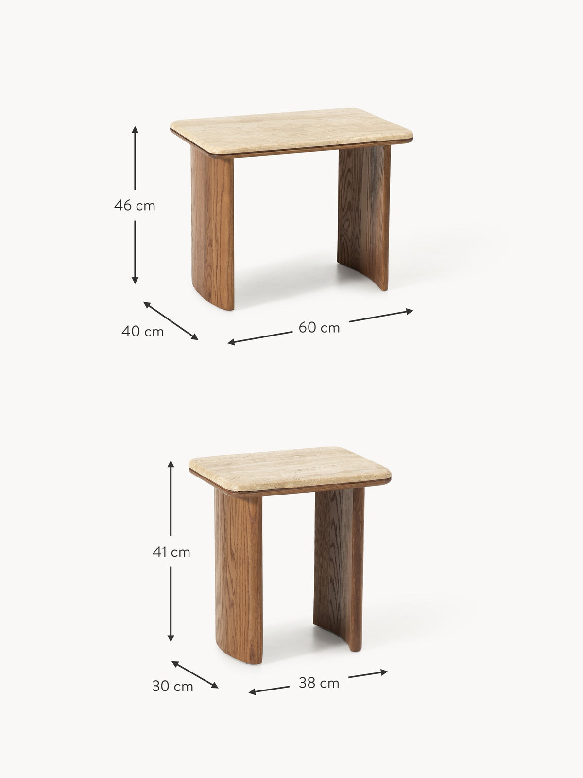 Chandler Oak Wood Side Tables with Travertine Top, Set of 2