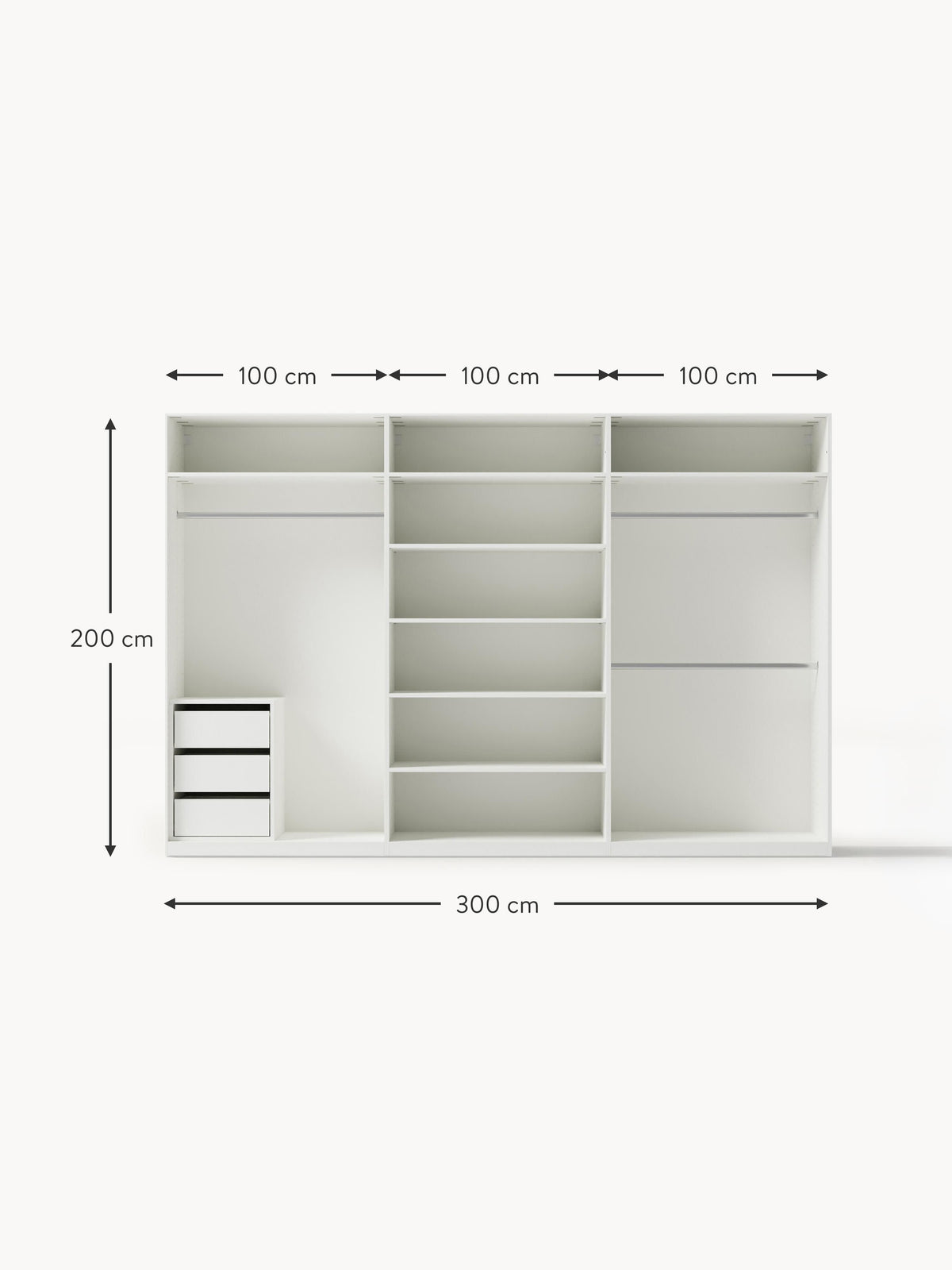 Jeanne Modular Hinged Door Wardrobe, 300 cm Wide, in various sizes