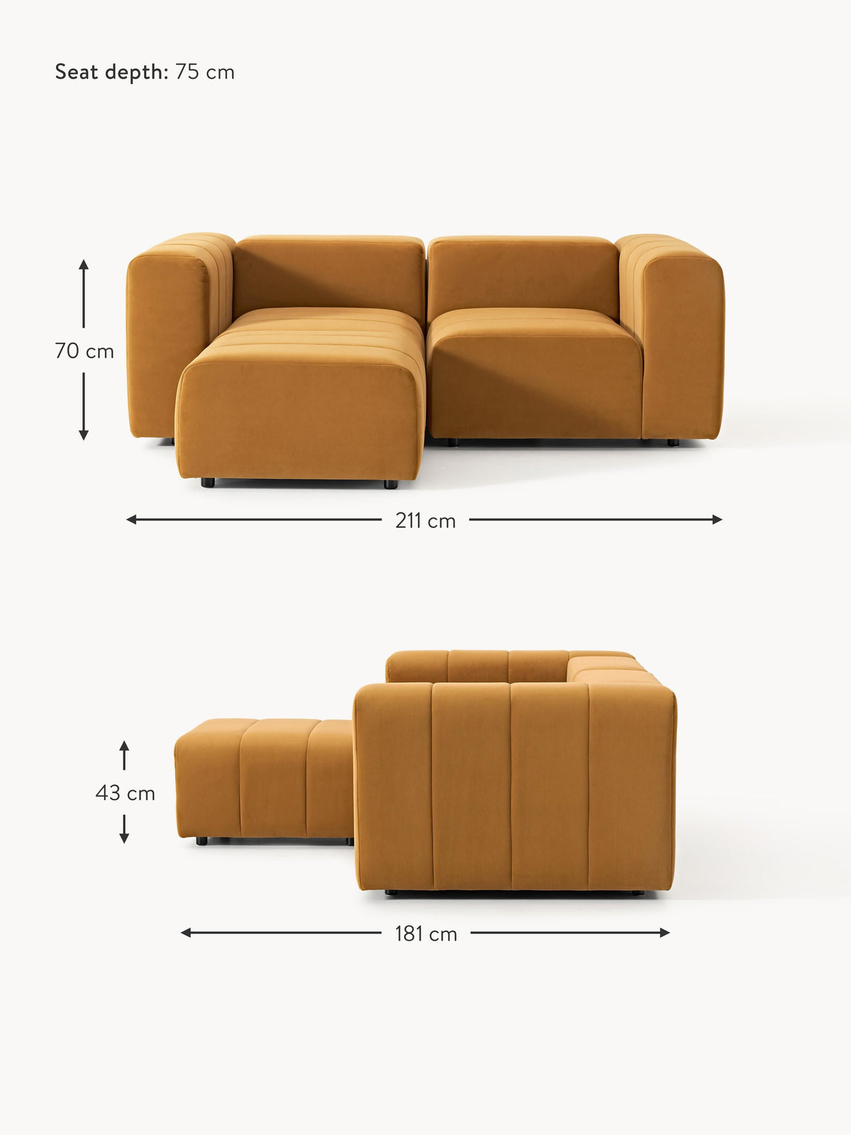 Lena Modular Velvet Sofa (2-seater) with Ottoman (left/right)