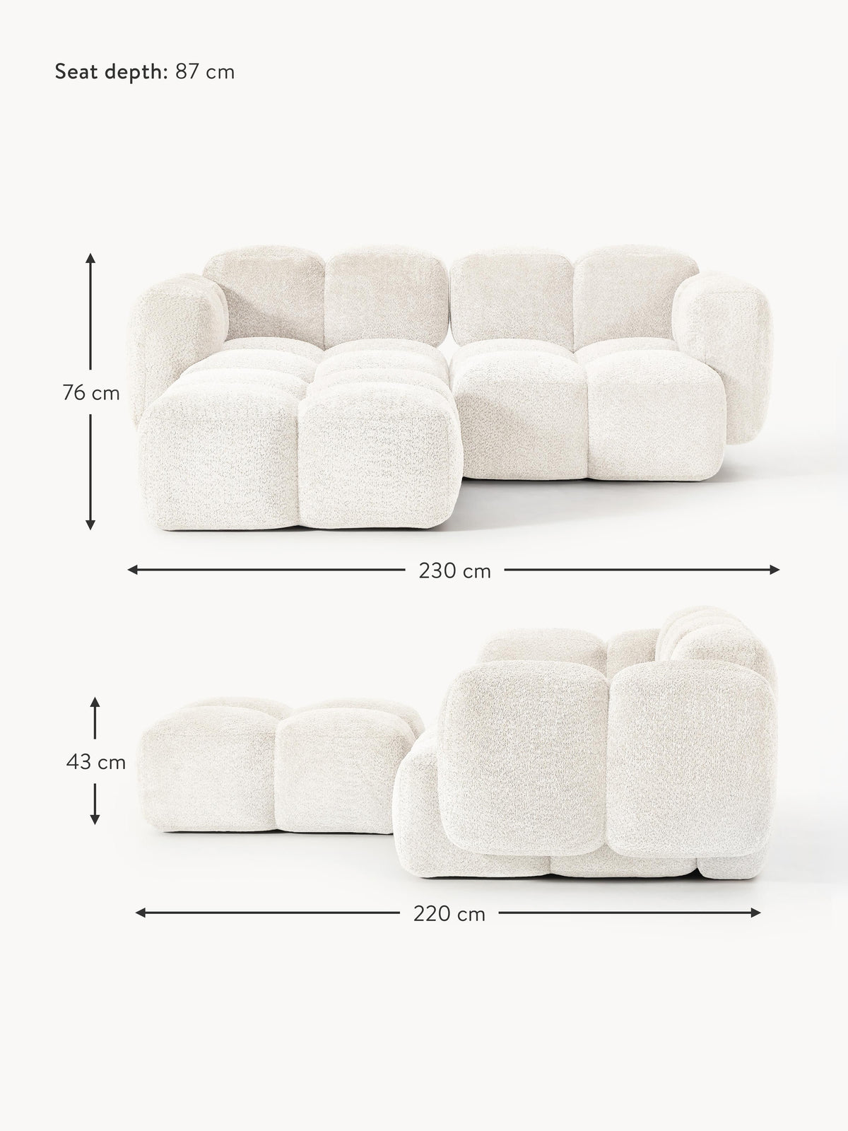 Tayla Modular Teddy-Bouclé Sofa (2-seater) with Ottoman (left/right)