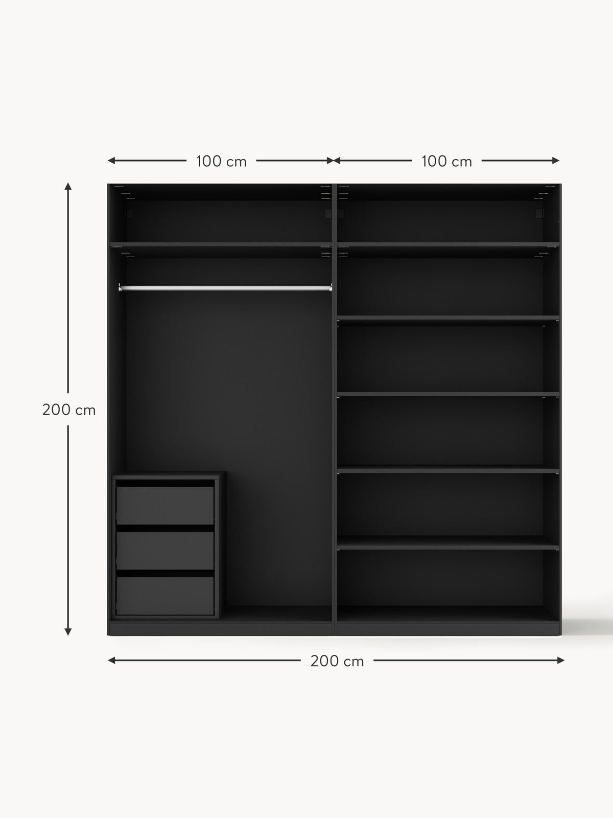 Jeanne Modular Hinged Door Wardrobe, 200 cm Wide, in various sizes