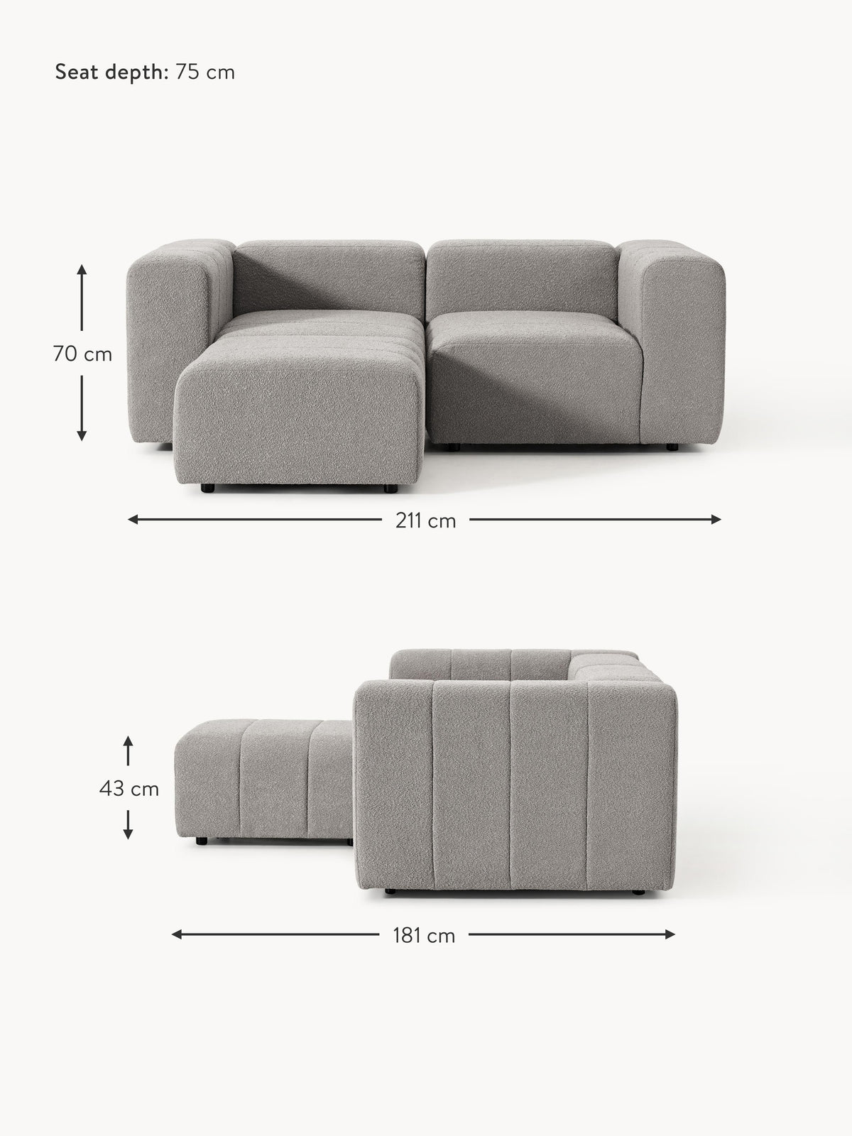 Lena Bouclé Modular Sofa (2-seater) with Ottoman (left/right)