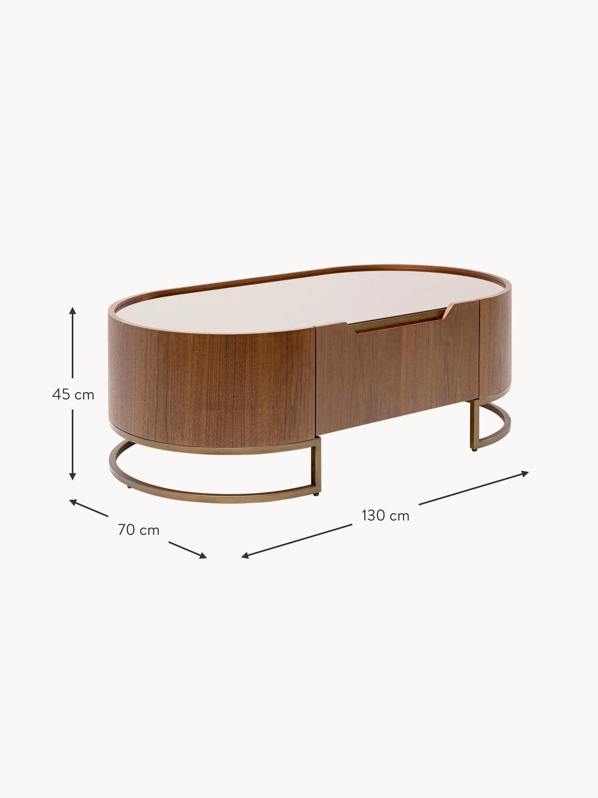 Giorgio Oval Walnut Wood Coffee Table with Glass Top & Drawer
